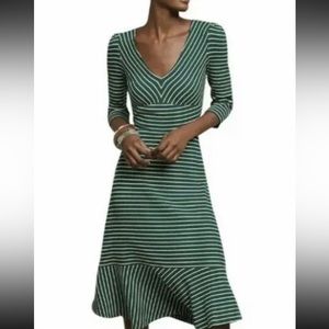 Anthropologie Maeve Green White Striped Midi Dress with Cinched Waist Size XS